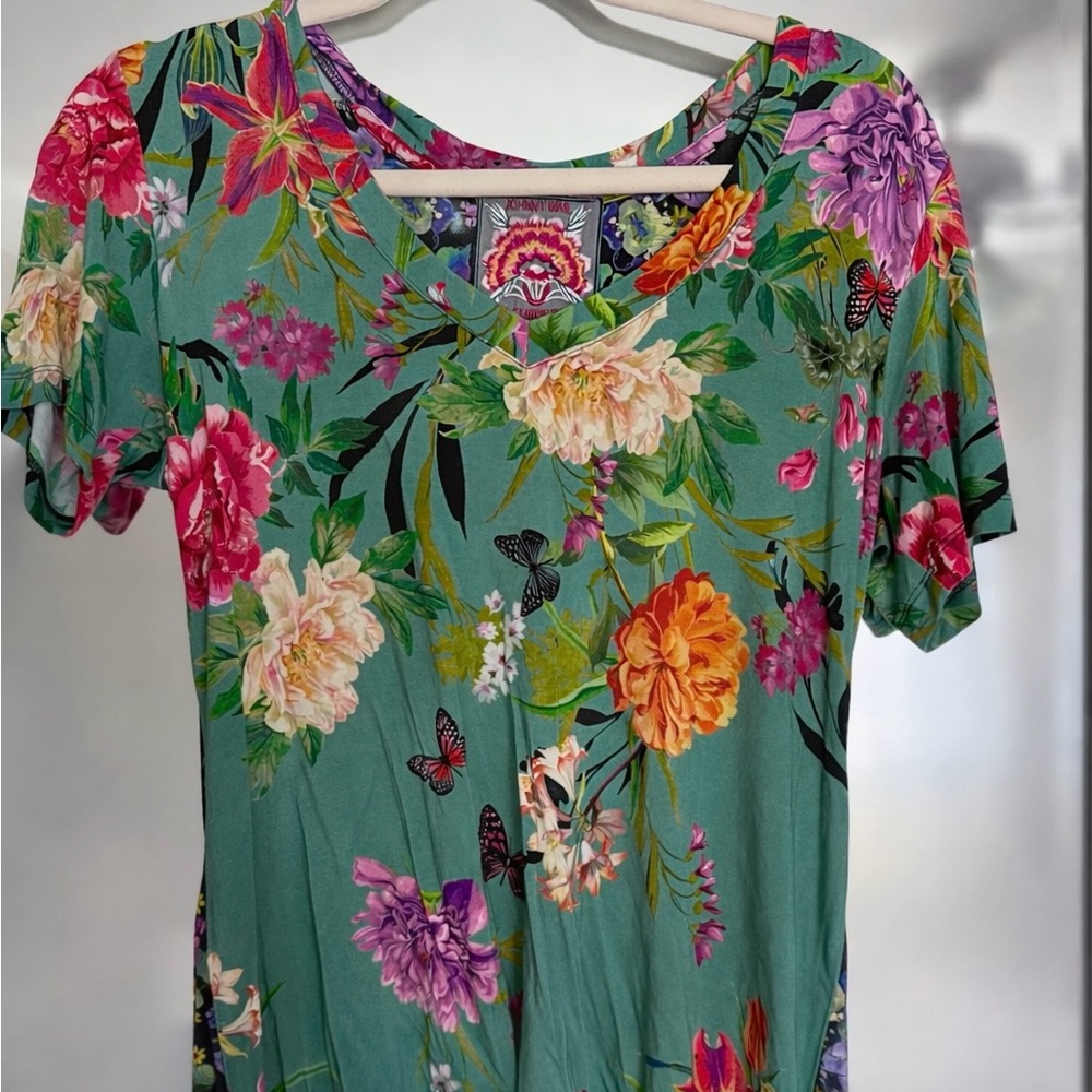 Johnny Was Teal Floral Scoop Neck Short Sleeve Top